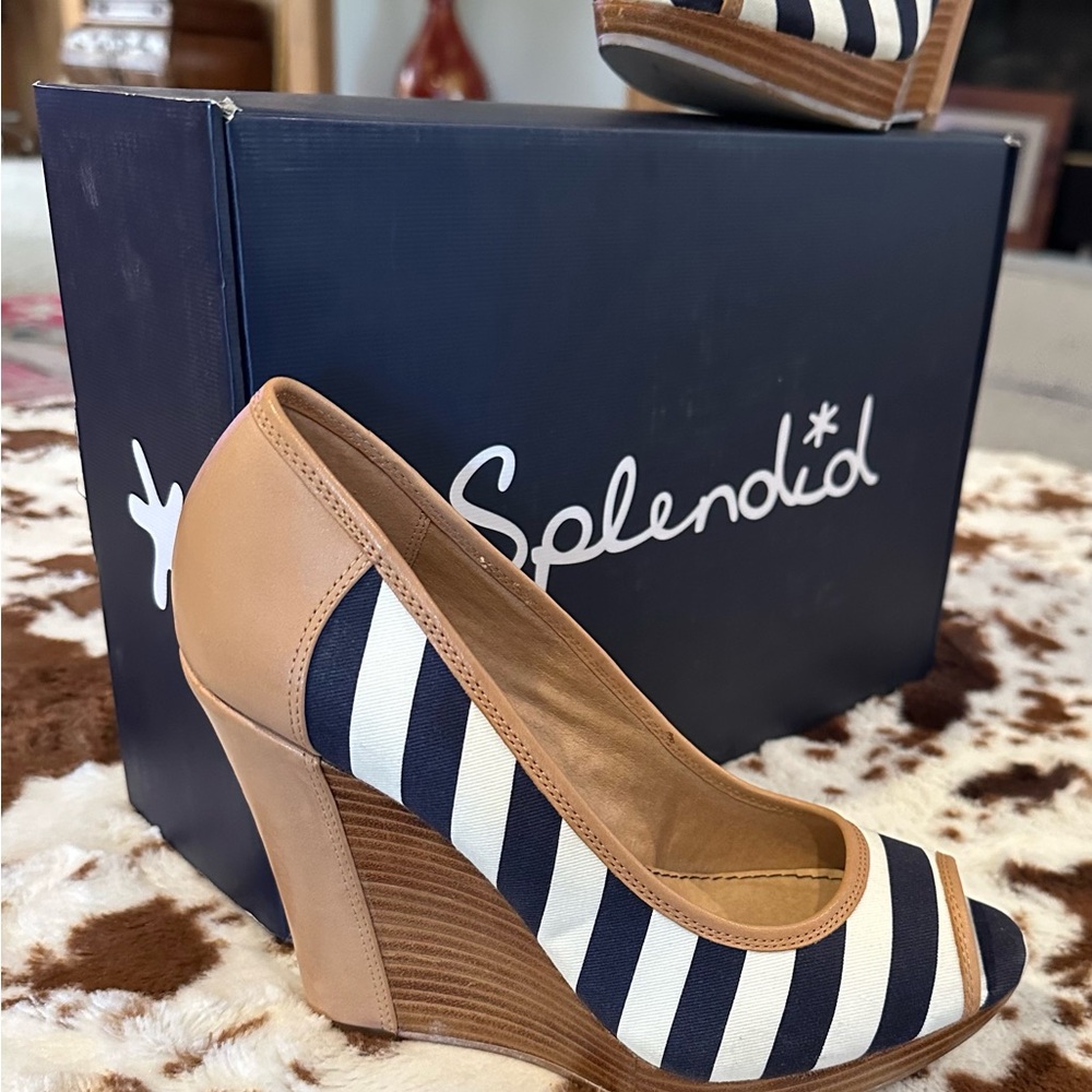 Splendid Navy and White Striped Peep-Toe Wedges with Tan Trim - Picture 2 of 7